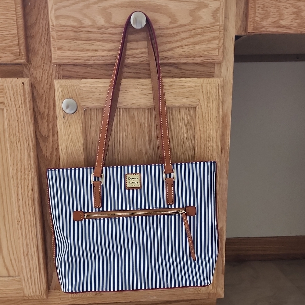 Dooney & Bourke Navy and Tan Striped Medium Size Tote